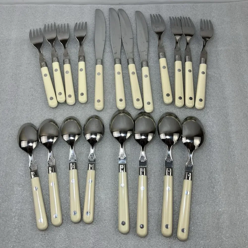 Vintage WF Mardi Gras Stainless Flatware White Handle MCM 20 Piece Set Served 4
